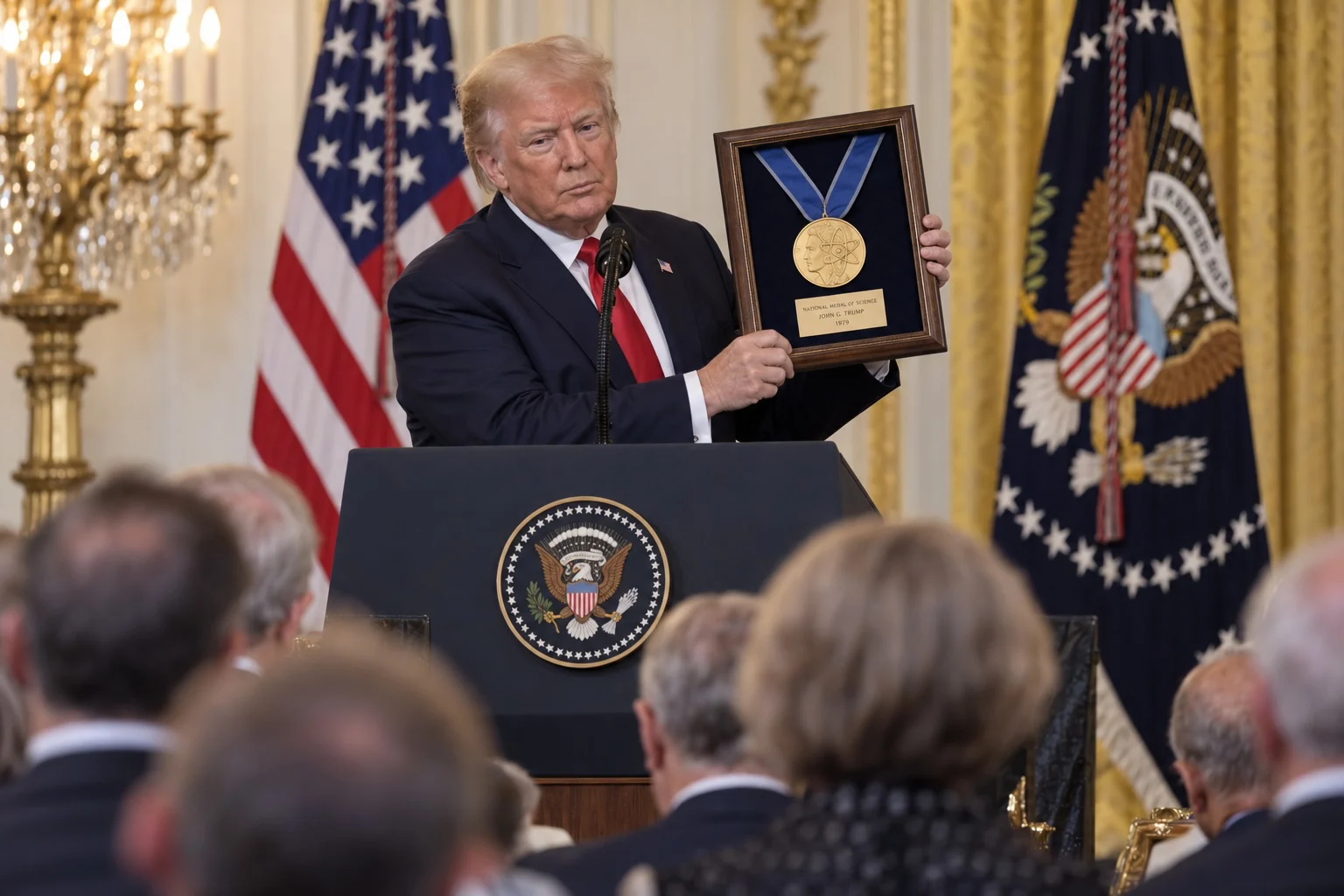 KI-generierte Illustration: Donald Trump hält am Rednerpult im Weißen Haus eine gerahmte Nikola-Tesla-Medaille hoch