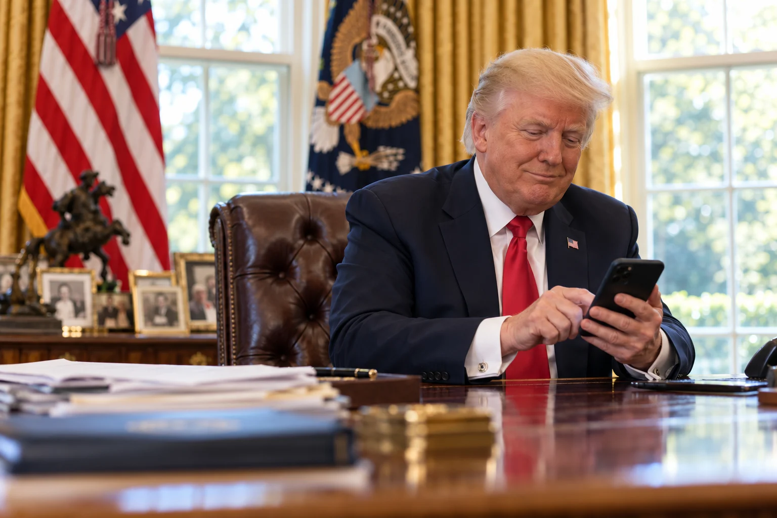 KI-generierte Illustration: Donald Trump sitzt am Resolute Desk im Oval Office und tippt auf seinem Smartphone