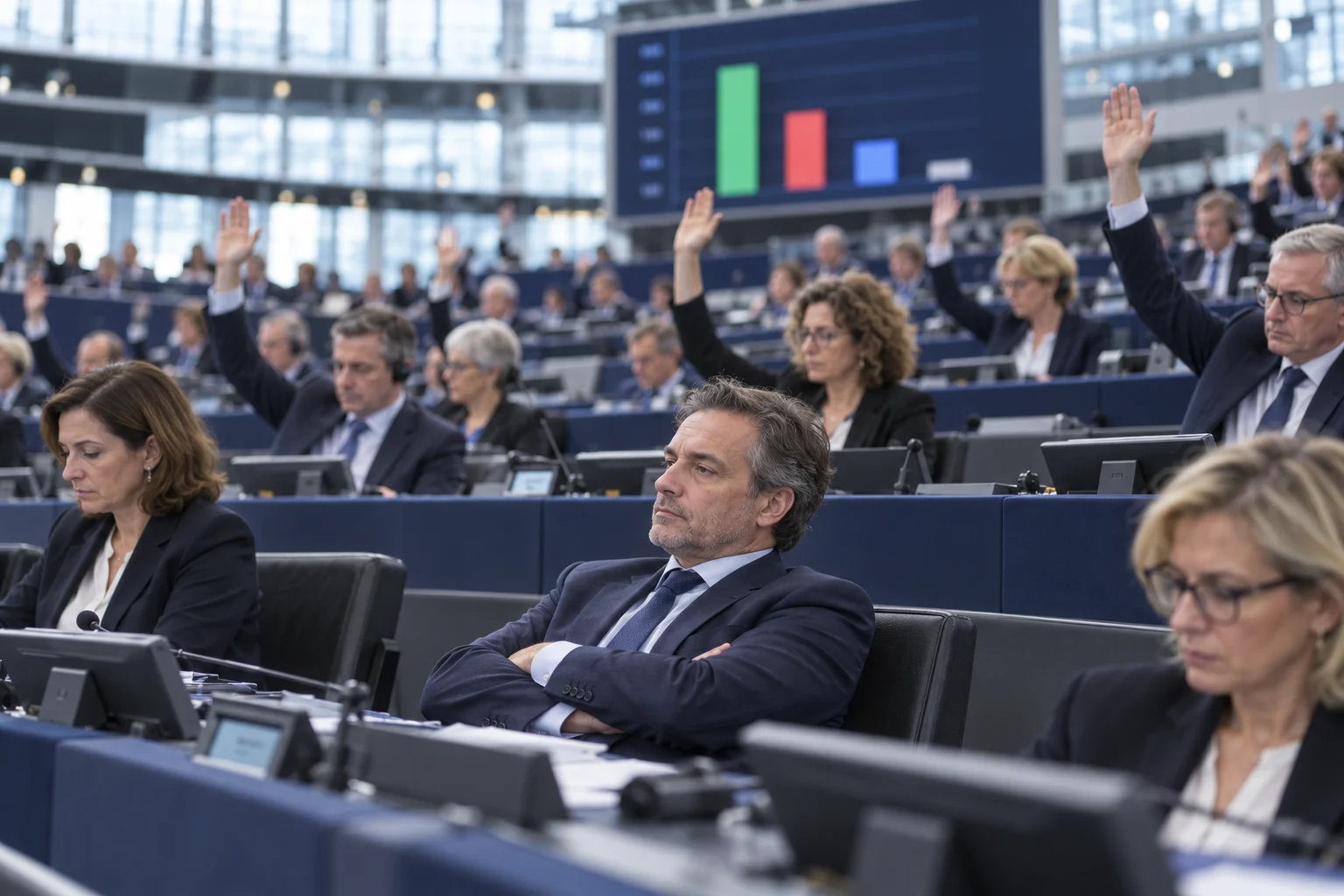 KI-generierte Illustration: Abstimmung im Plenarsaal des Europäischen Parlaments, Abgeordnete heben die Hand, andere sitzen mit verschränkten Armen