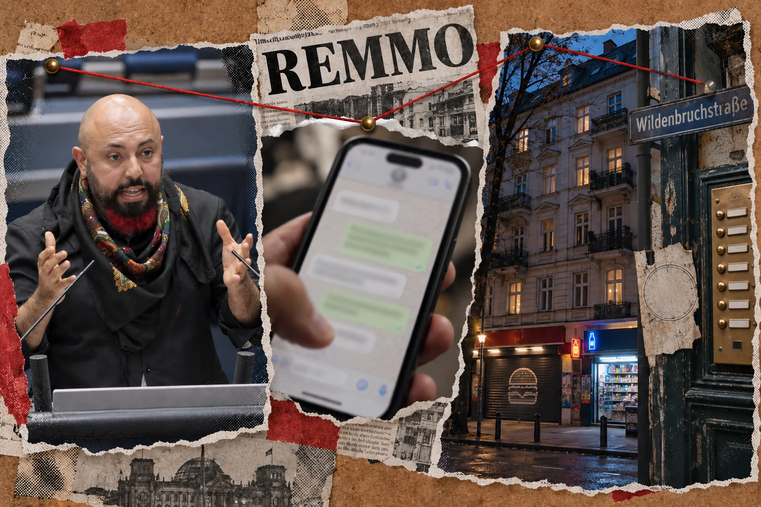 KI-generierte Collage: Ferat Koçak im Bundestag, ein Smartphone mit Chatverlauf, ein Zeitungsausschnitt „Remmo“ und eine Häuserfront in der Wildenbruchstraße