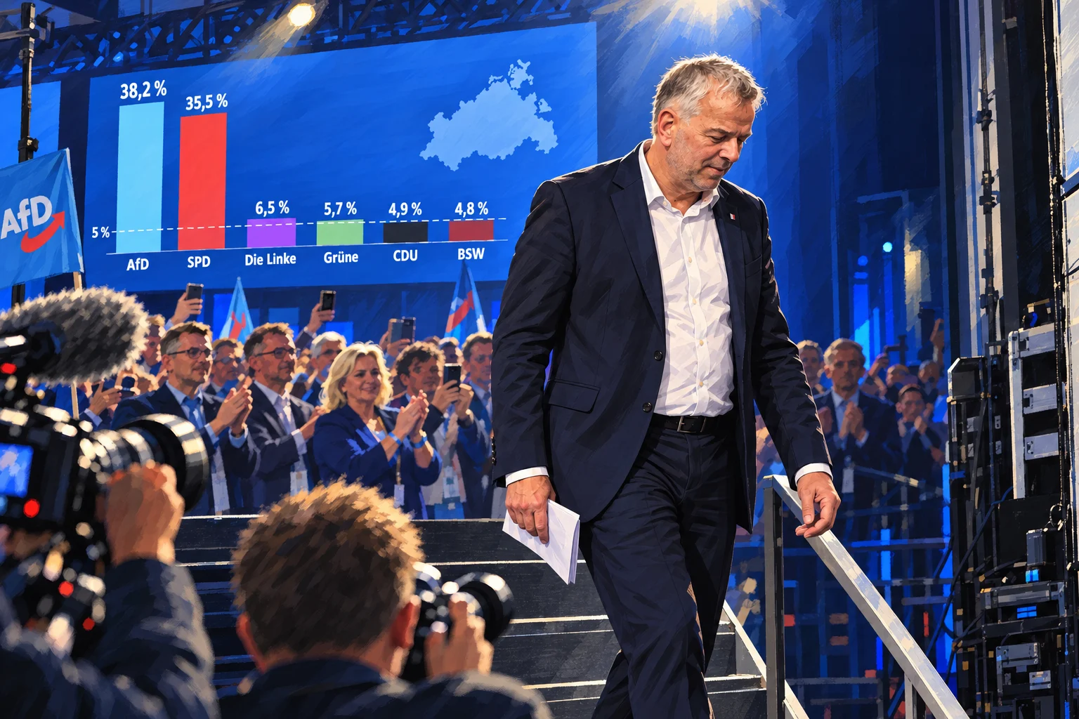 KI-generierte Illustration: Leif-Erik Holm (AfD) steigt auf der Wahlparty die Bühnentreppe hinab, dahinter die Hochrechnung mit der AfD vorn