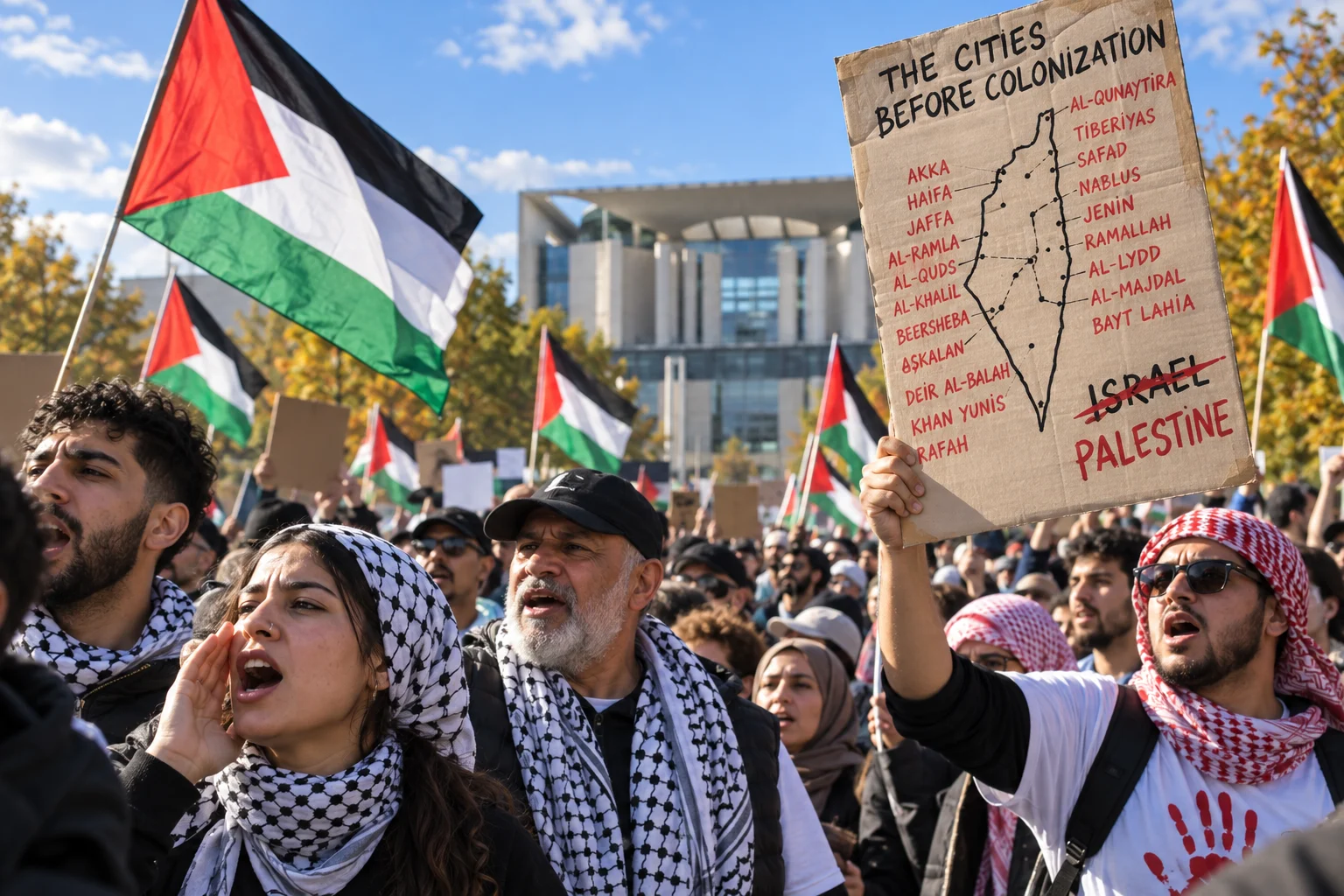 KI-generierte Illustration: Demonstranten mit Palästina-Fahnen vor dem Bundeskanzleramt, ein Mann hält ein Plakat mit durchgestrichenem Schriftzug „Israel“ und dem Wort „Palestine“