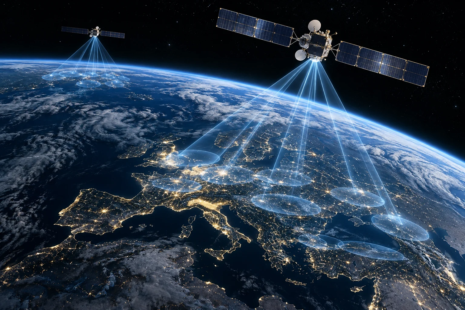 KI-generierte Illustration: Satelliten im Orbit senden Funkkegel auf das nächtlich beleuchtete Europa