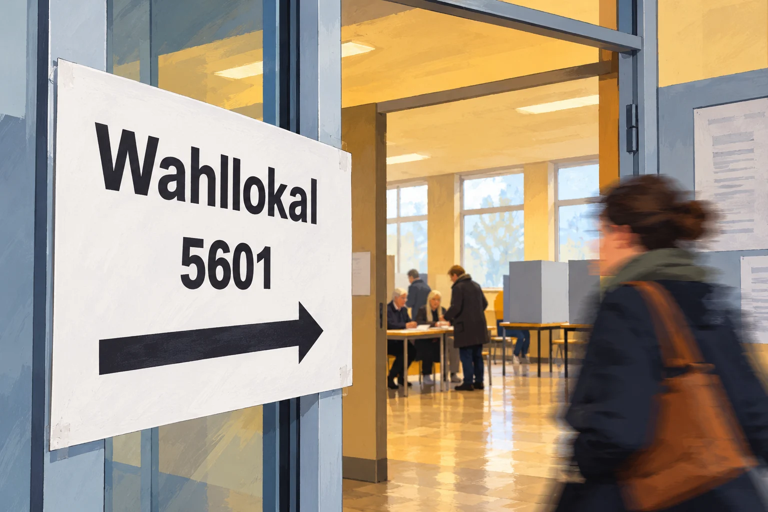 KI-generierte Illustration: Schild „Wahllokal 5601“ mit Pfeil, dahinter Wahlkabinen und Wahlhelfer