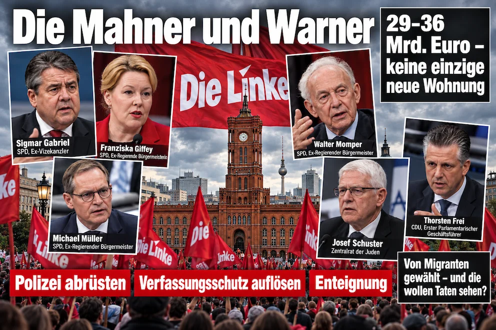 KI-generierte Collage: Rotes Rathaus Berlin, umgeben von Porträts von sechs Politikern und Funktionären, die vor einer Koalition mit der Linken warnen, dazu Textfelder zu Wahlversprechen und Enteignungskosten.